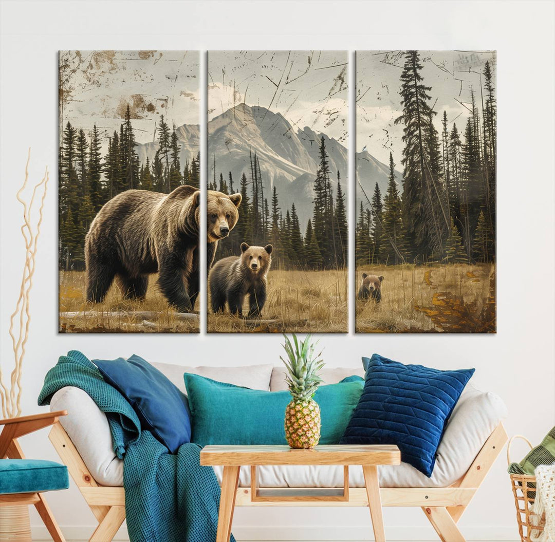 Displaying the Rustic Grizzly 399 Bear Family Wall Art Canvas Print in a modern living space adds remarkable charm. This triptych piece showcases a bear family in the forest, printed on museum-quality canvas and ready to hang, seamlessly enhancing your decor with its striking detail and elegance.