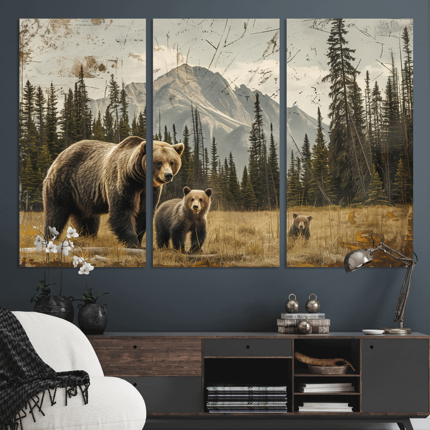 MGV-CV-48X32-3P - Rustic Grizzly 399 Bear Family Wall Art Canvas Print