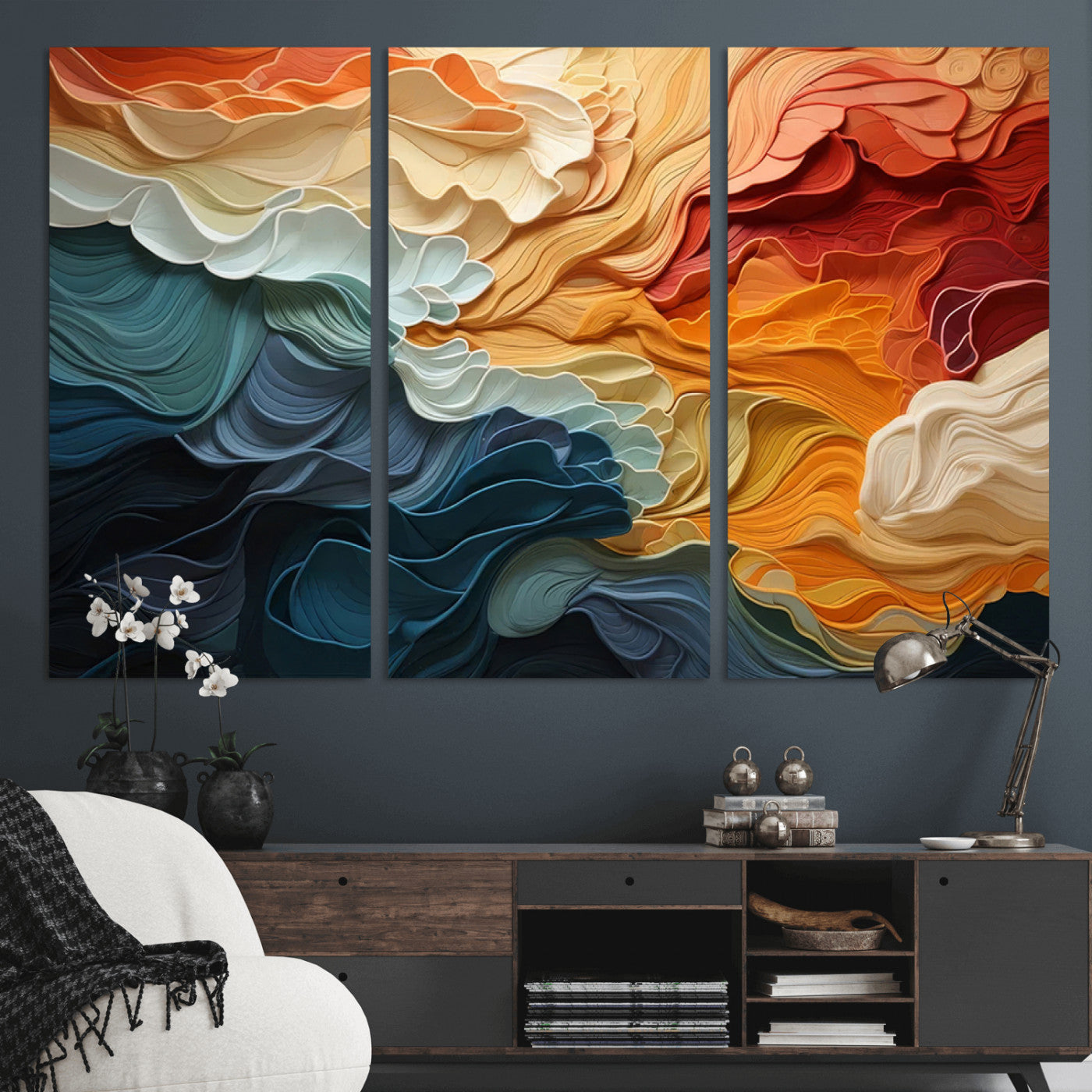 MGV-CV-48X32-3P - Blue Orange Abstract Wave Wall Art Canvas Print, Framed Blue Orange Wave Wall Art
