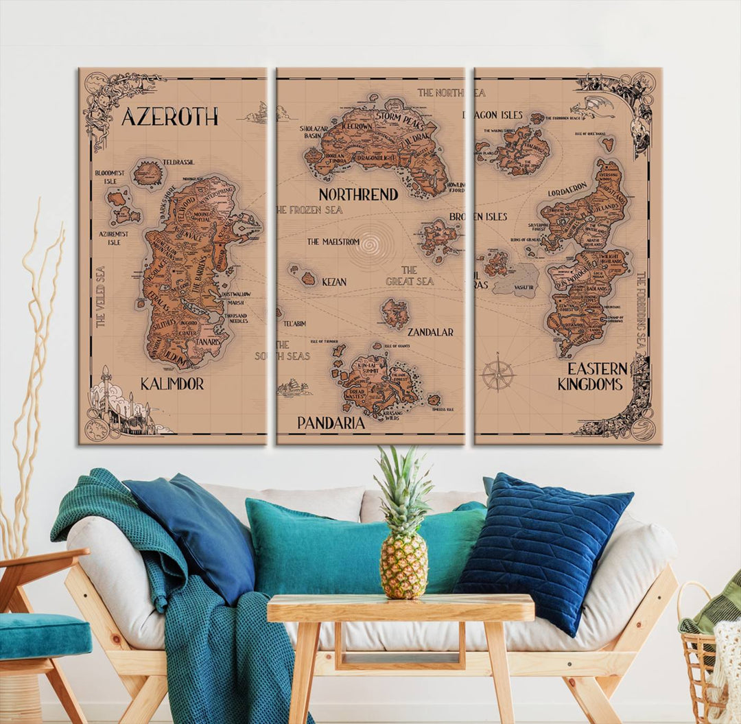 The Vintage Azeroth World Map Canvas Print, a stunning three-piece set, enhances the space with its vintage charm, perfectly complementing your gaming decor.