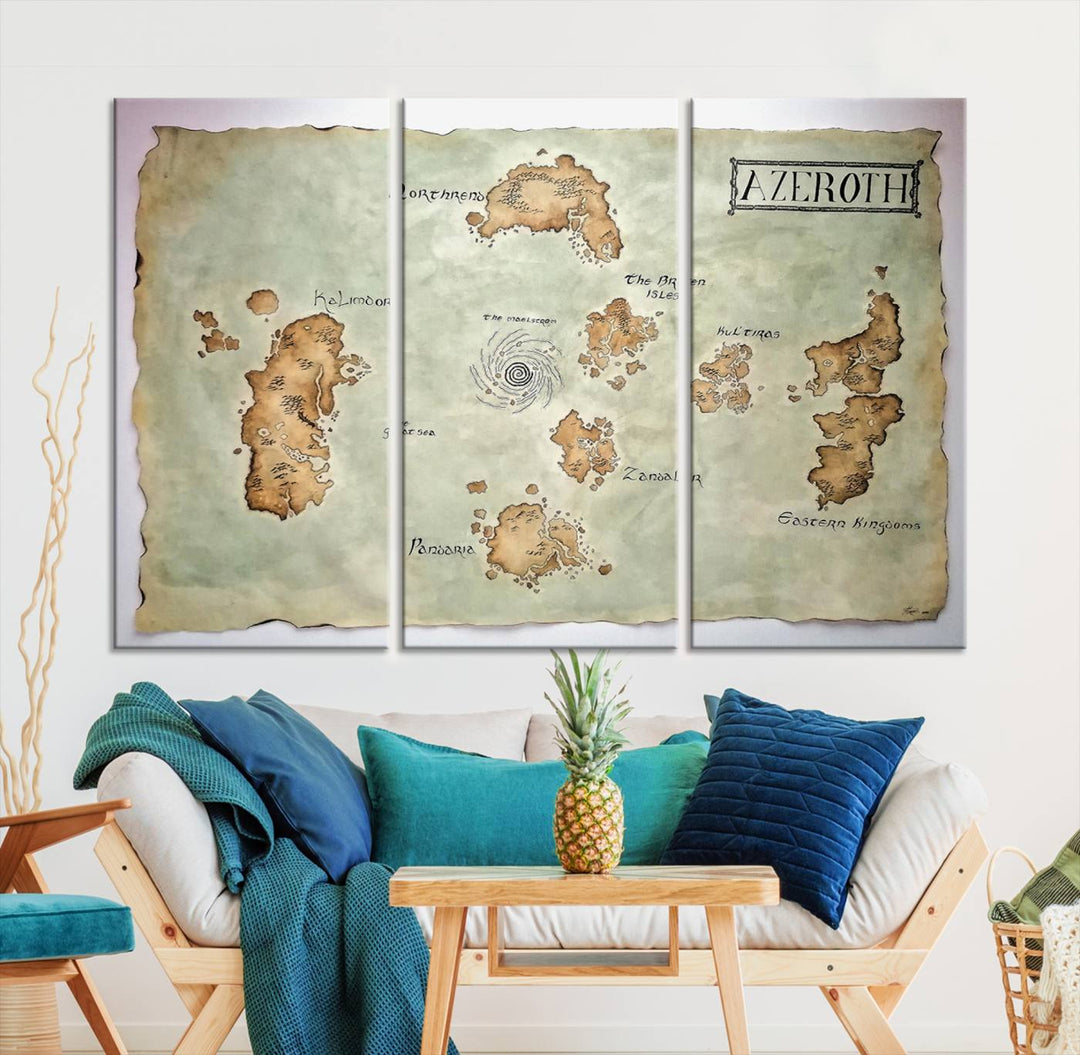 The Azeroth World Map Wall Art Canvas Print, a three-panel vintage piece, brings a cozy fantasy gaming atmosphere to the room.