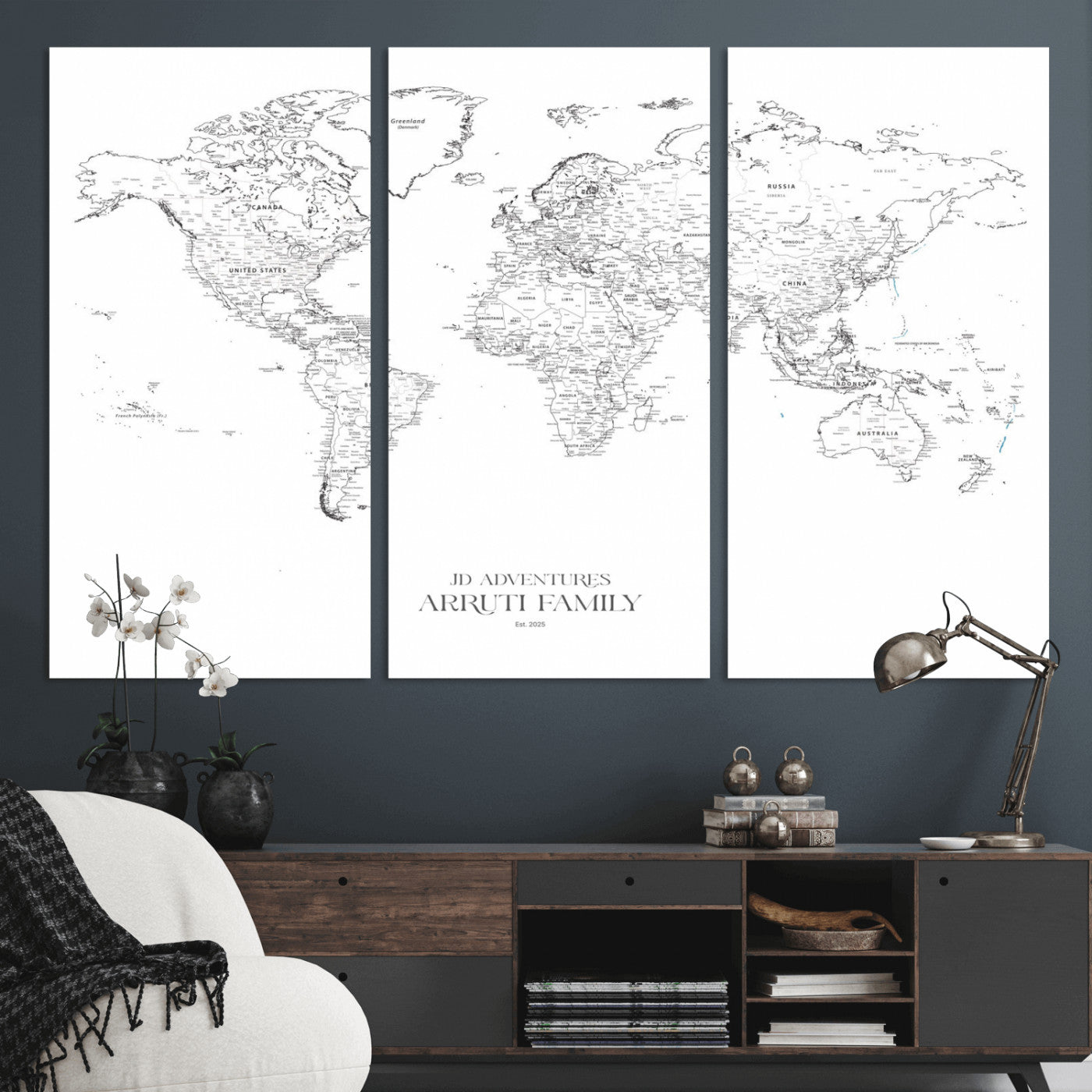 MGV-CV-48X32-3P - Custom World Map Wall Art – Personalized Framed Canvas Print with Push Pins for Travel Tracking,