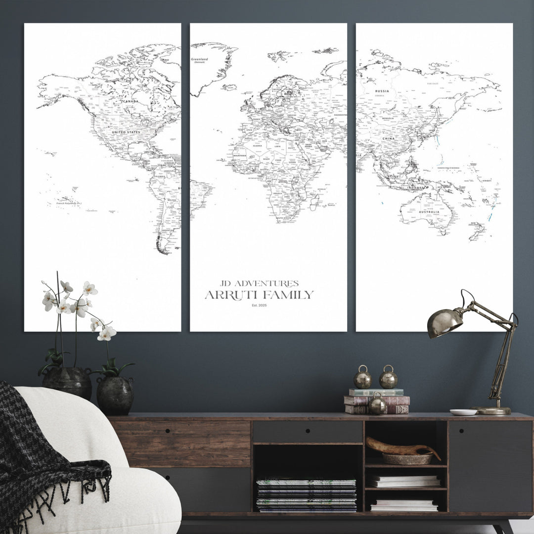 Personalized World Map Wall Art Canvas Print - Custom Push Pin Travel Map Canvas - Framed Map Print for Travel Lover Gift