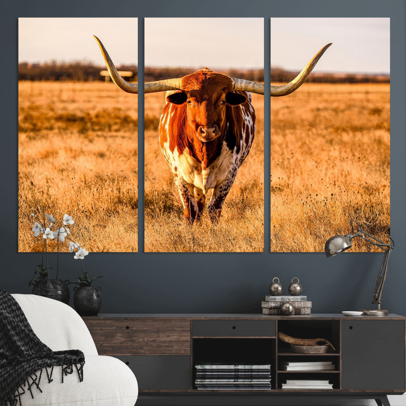 MGV-CV-48X32-3P - Longhorn Cow Wall Art | Ready to Hang Framed Canvas Print for Farmhouse and Barn Decor