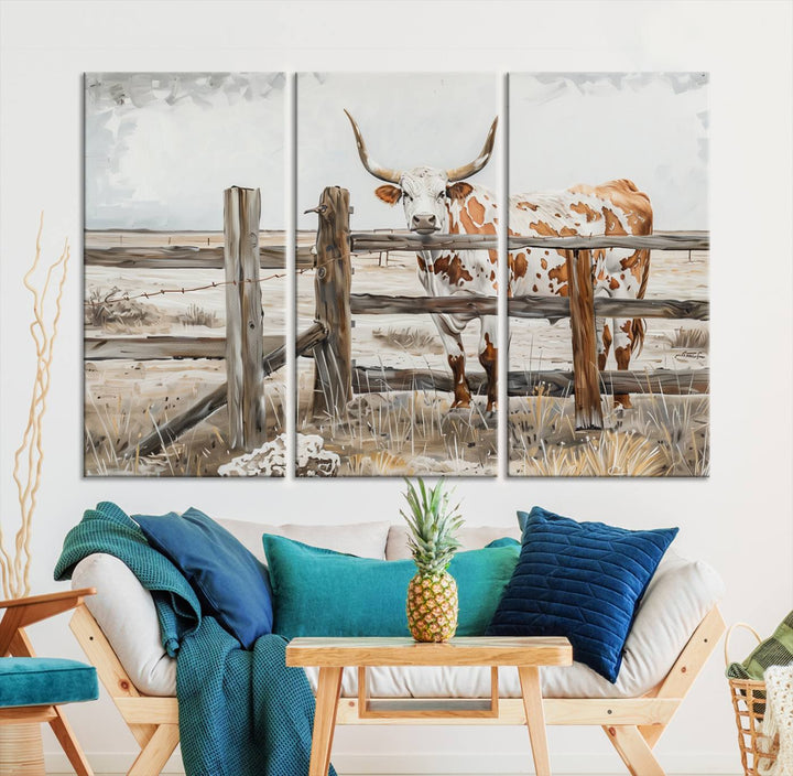 The Abstract Longhorn Cow Wall Art, a ready-to-hang framed canvas print, adds rustic charm and perfectly captures the essence of rural elegance.