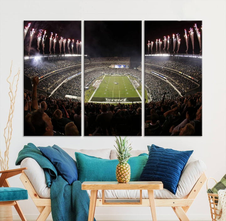 The living room features a spectacular Philadelphia Eagles Football Team Print. This wall art canvas print of Lincoln Financial Field at night captures a Philadelphia Eagles game under the dazzling brilliance of fireworks, making it an eye-catching centerpiece.