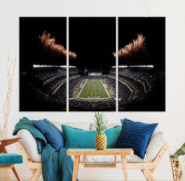 A stunning triptych wall art featuring the Philadelphia Eagles Football Team Print, capturing Lincoln Financial Field with spectacular fireworks.