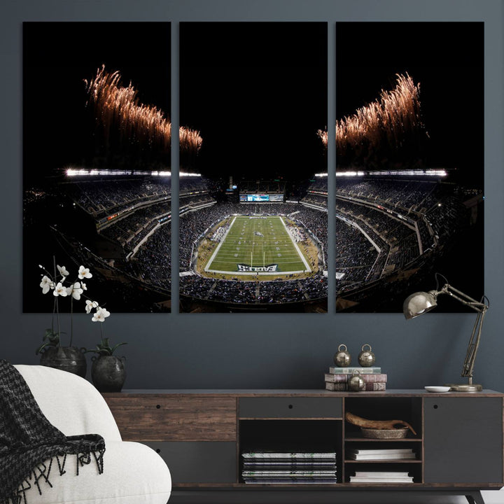 Eagles Stadium Wall Art depicting a nighttime game and fireworks at Lincoln Financial Field.