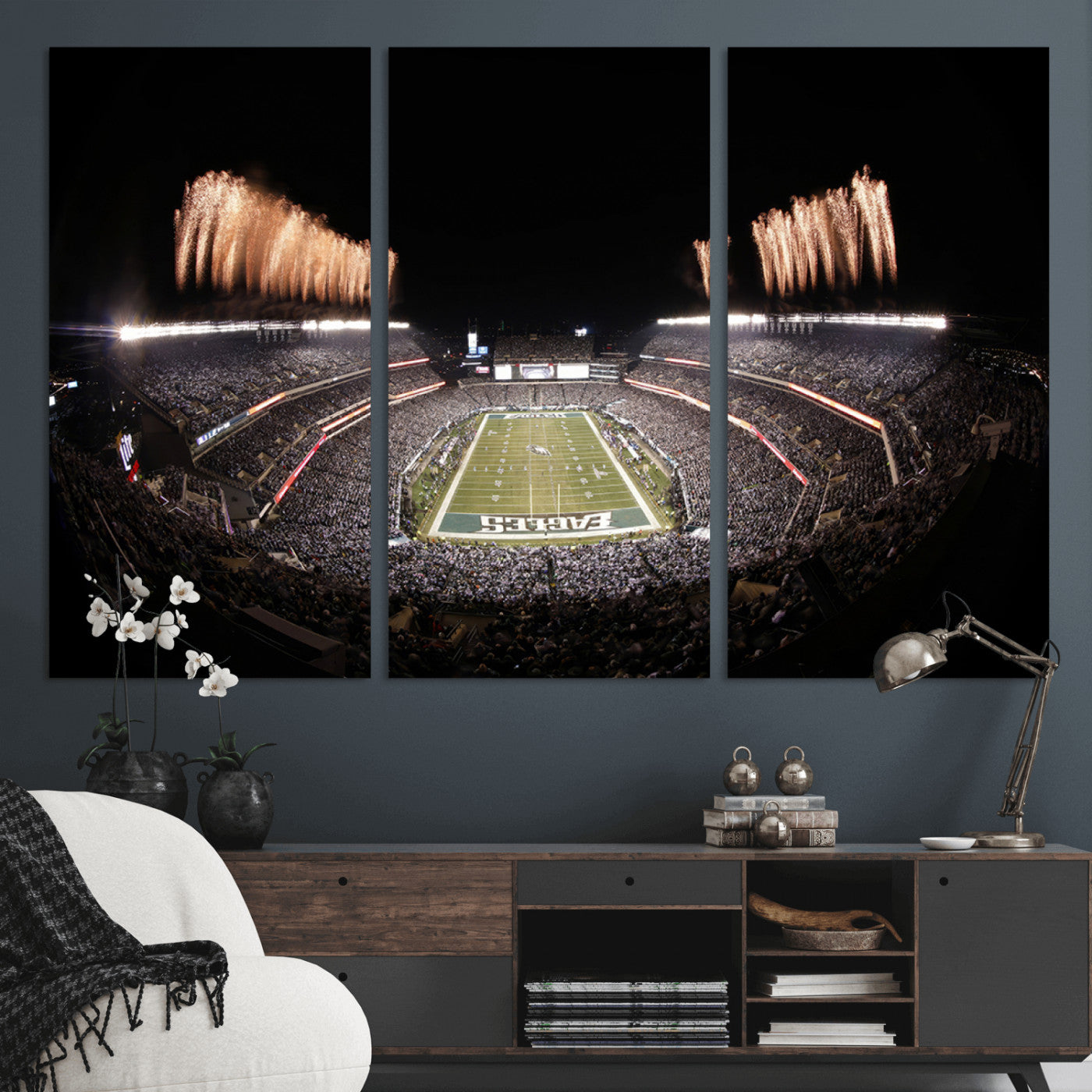 48893-MGV-CV-36X24-Eagles Field Stadium Wall Art - Lincoln Financial Field Fireworks Game Triple Canvas Wall Art -