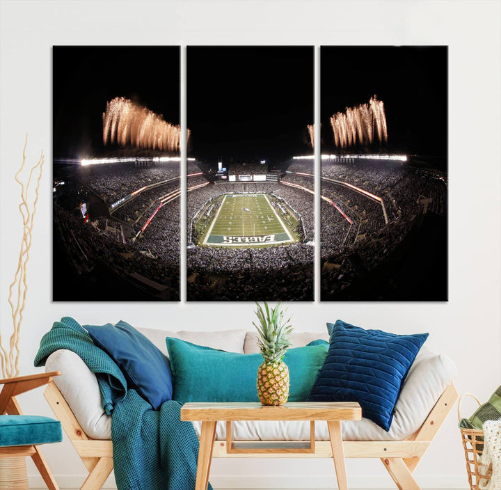 Experience the breathtaking Lincoln Financial Field Fireworks Game captured in this triple canvas wall art. A must-have for any Philadelphia Eagles fan!