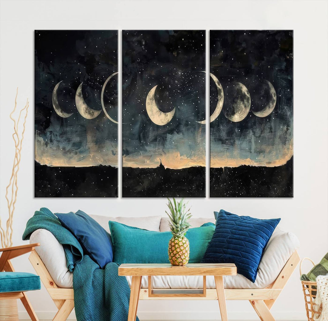 The "Phases of the Moon Wall Art," a framed canvas series capturing the celestial beauty of lunar cycles against a starry night, adds an elegant touch to the contemporary dining room.