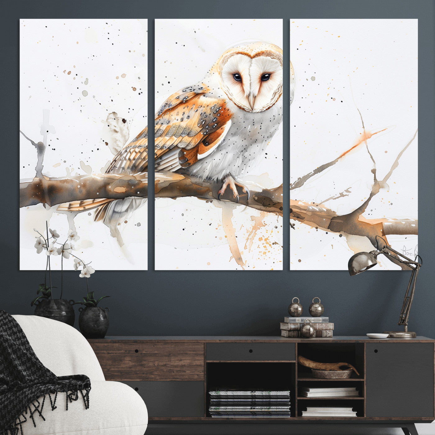 MGV-CV-48X32-3P - Barn Owl Wall Art on Branch | Stunning Canvas Print for Nature Lovers | Ready to Hang and Framed