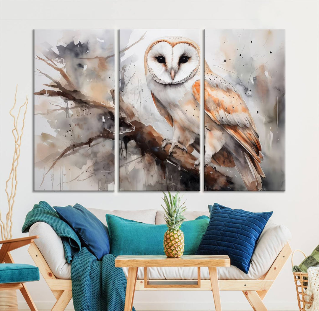 The Barn Owl Wall Art, a watercolor canvas print, elegantly adorns the wall in a modern living room, seamlessly merging farmhouse wall decor with contemporary style.