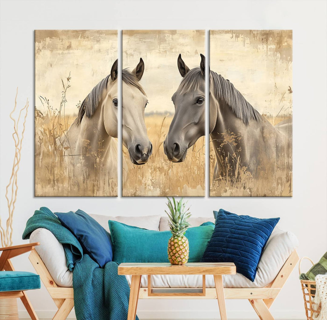 The "Chinese Ink Style Grunge Horses Wall Art Canvas Print," featuring two horses in a field, hangs prominently, highlighting its museum-quality canvas and high-resolution printing.