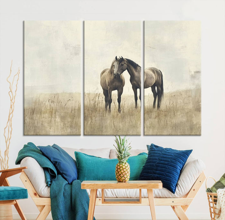 The Chinese Style Grunge Horses Wall Art Canvas Print, featuring a three-panel design of two horses in a misty field, is crafted on museum-quality canvas using high-resolution printing and hangs elegantly.