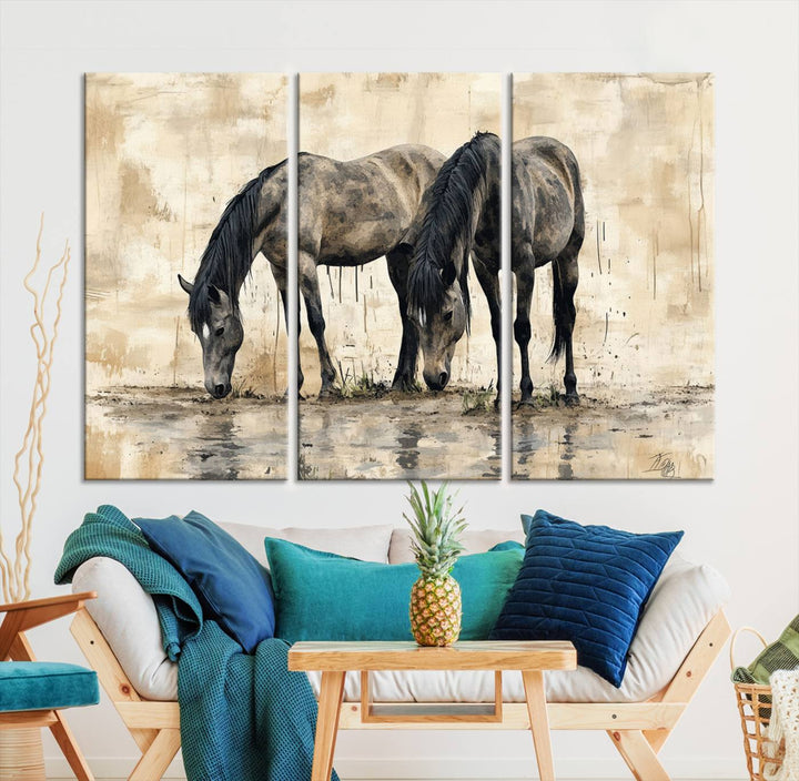 Chines Ink Style Black Horses Wall Art Canvas Print features a triptych painting of two horses drinking at the water's edge.