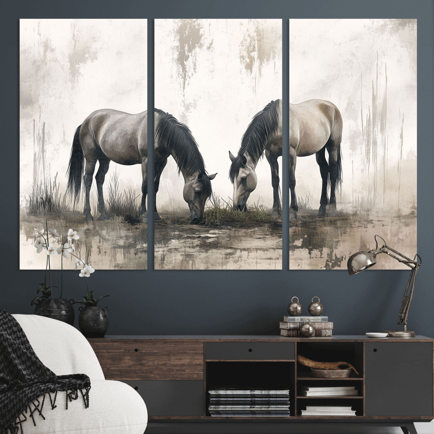 35494-MGV-CV-36X24-Chines Ink Style Vintage Horses Wall Art Canvas Print for Farmhouse Wall Decor