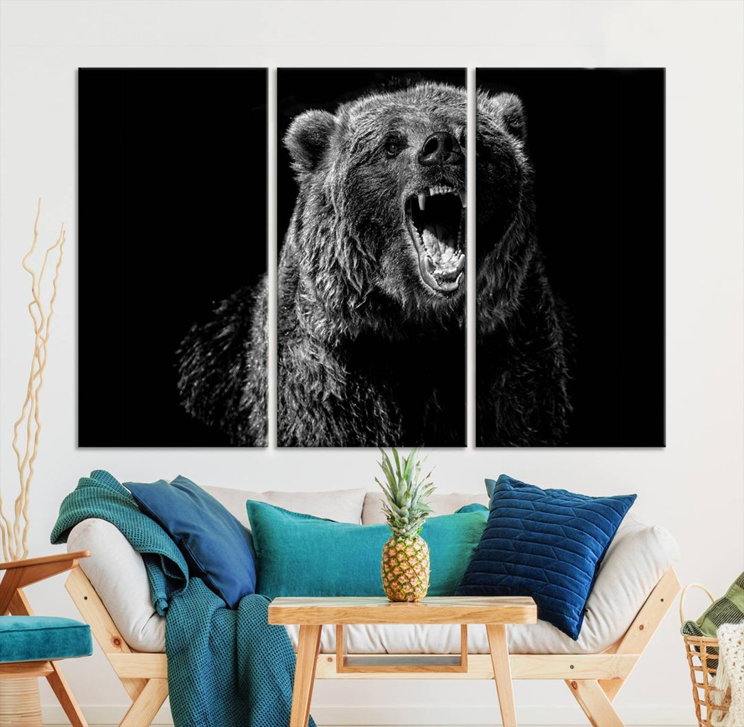 A striking Bear Canvas Print, perfect for cabin decor and ready to hang, is displayed in the modern living room, adding a touch of wildlife art to the sleek design.