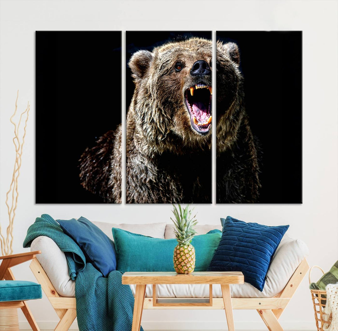 The Grizzly Bear Canvas Print, featuring wildlife wall art on a black background, is ready to hang and is perfect for rustic cabin decor.