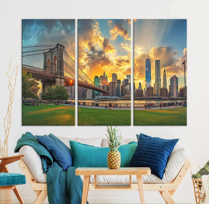 The "Brooklyn Bridge New York Skyline Wall Art" is a ready-to-hang framed canvas print that beautifully captures the cityscape at sunset, showcasing the iconic Brooklyn Bridge and majestic skyscrapers.