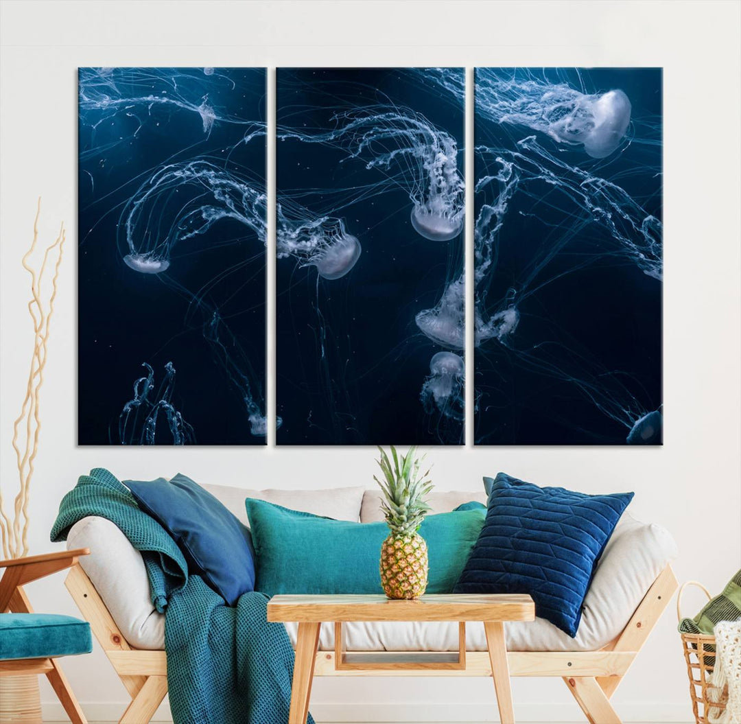 Room with modern decor, featuring the Abstract Jellyfish in Ocean Wall Art Canvas Print on museum-quality canvas.