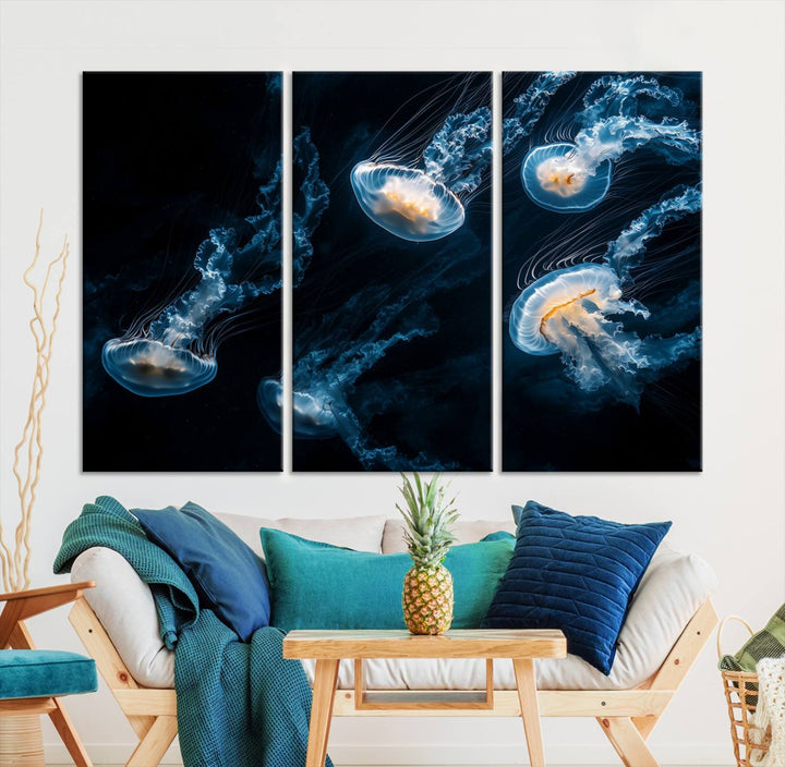 The "Jellyfish Wall Art Canvas Print," featuring a sea-themed design of glowing jellyfish, is displayed in high-resolution on museum-quality canvas.