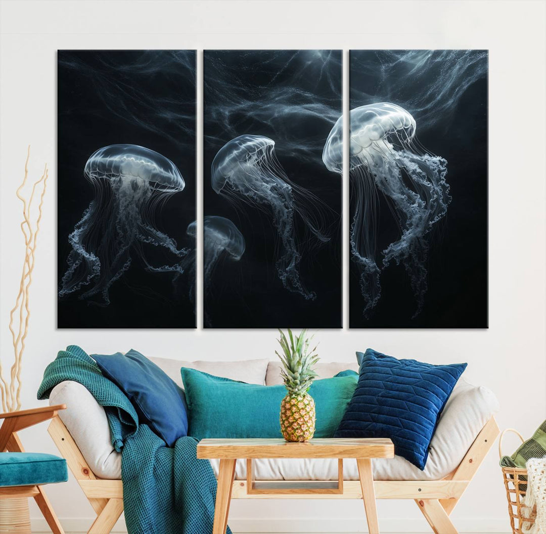 The Jellyfish Wall Art Canvas Print features glowing jellyfish in vibrant colors on museum-quality canvas.