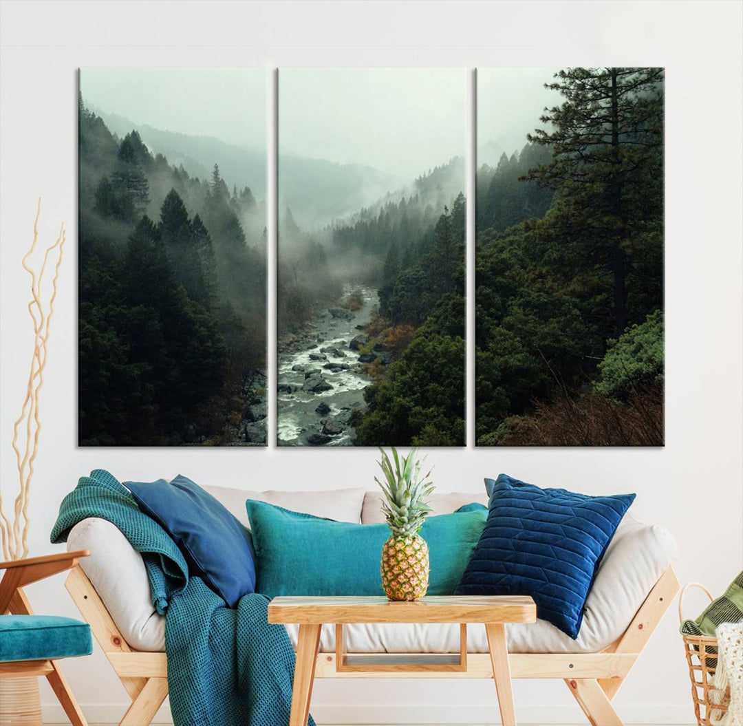 Misty Forest Wall Art | Ready to Hang and Framed | Tranquil Nature Landscape for Living Room or Cabin Wall Decor