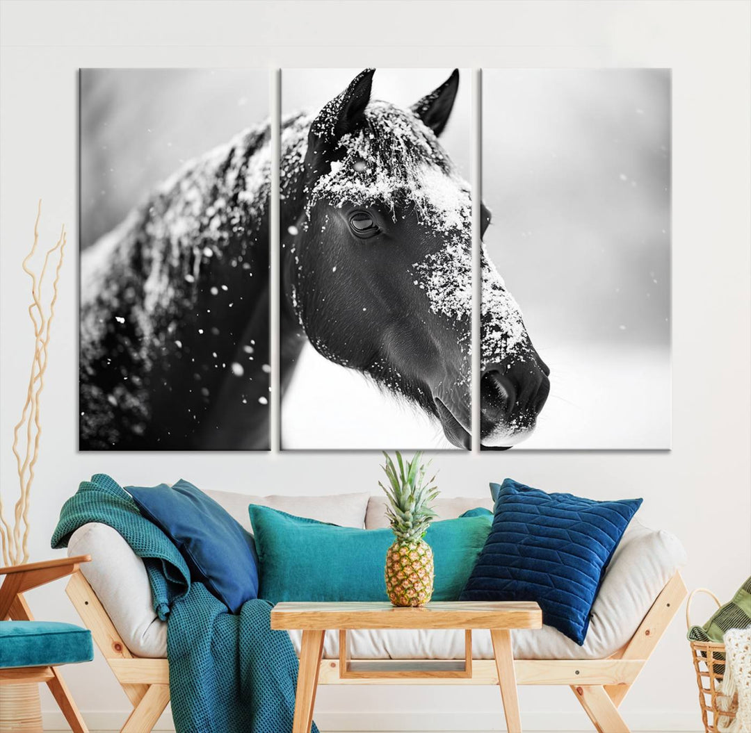 A set of Winter Horse Snow Wall Art Canvas Prints hangs, creating the perfect touch of Rustic Cabin Decor.