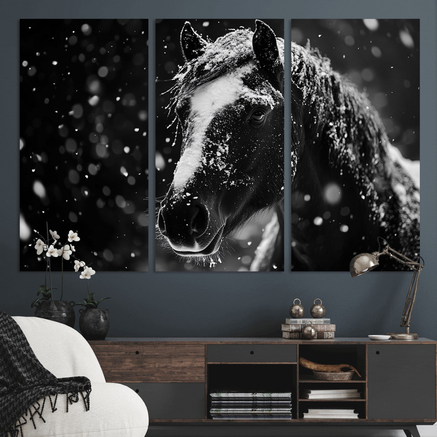 MGV-CV-48X32-3P - Winter Horse Wall Art | Black and White Horse Print | Ready to Hang and Framed | Farmhouse Wall Art
