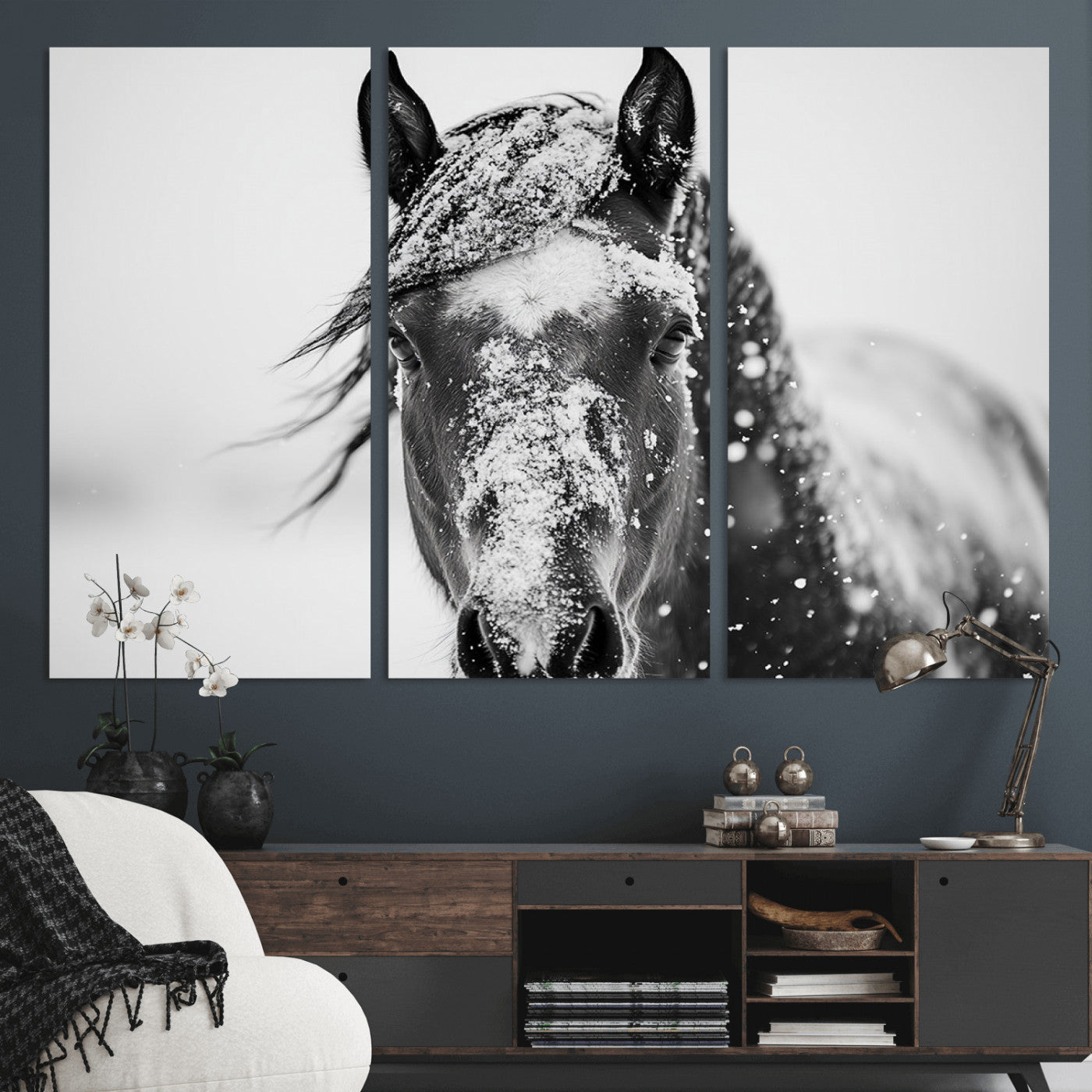 MGV-CV-48X32-3P - Western Wall Art | Black and White Winter Horse Wall Art | Ready to Hang and Framed | Farmhouse and