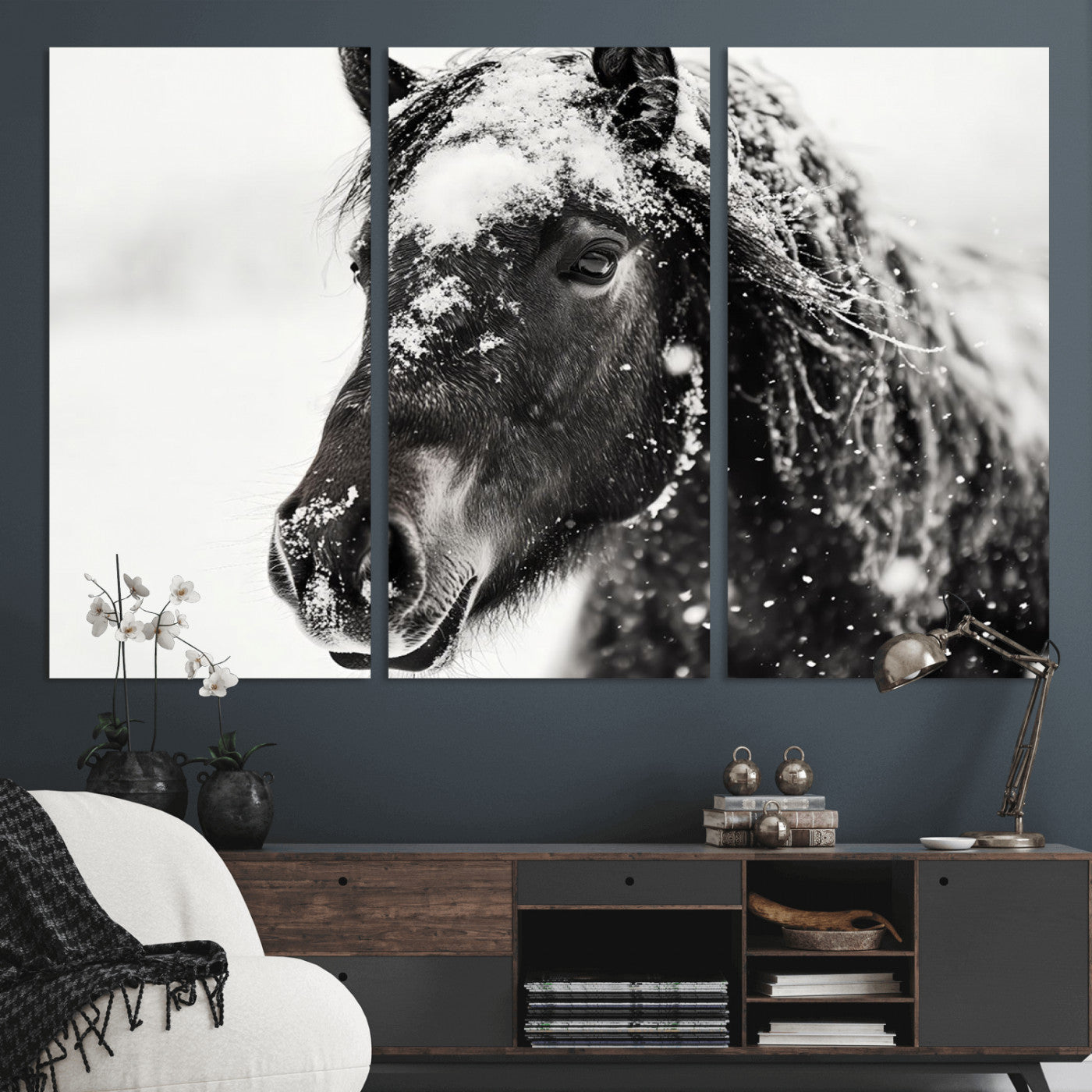 MGV-CV-48X32-3P - Framed Black and White Horse Wall Art | Ready to Hang and Framed | Farmhouse and Western Wall Decor