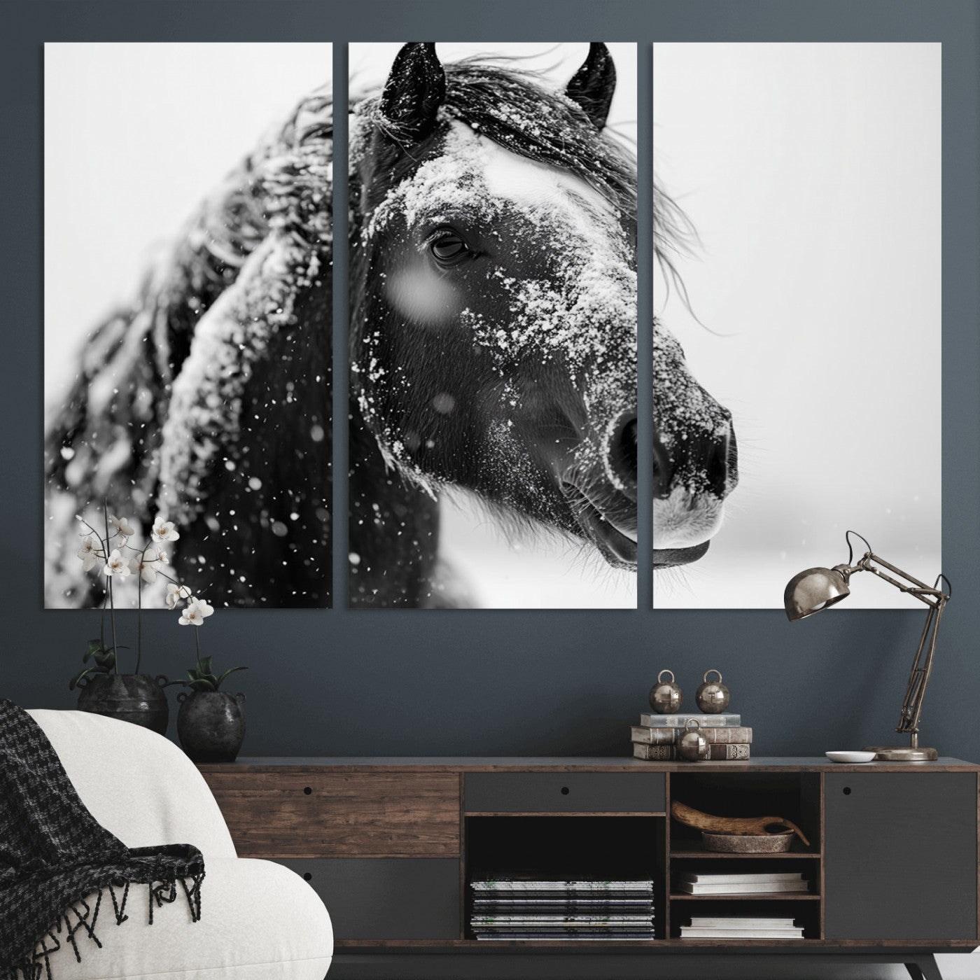 MGV-CV-48X32-3P - Winter Horse Canvas Print | Large 3-Panel Black White Equine Photography for Rustic Farmhouse Wall