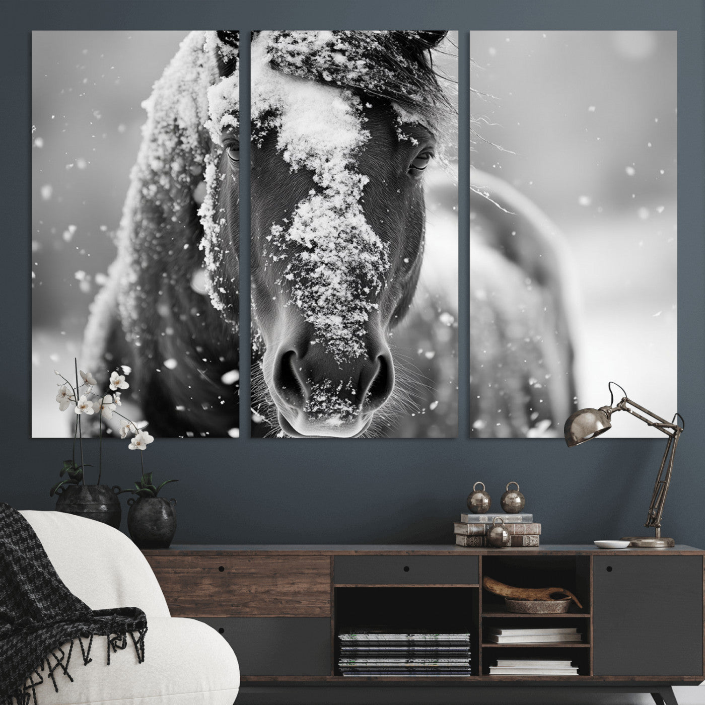 MGV-CV-48X32-3P - Black and White Horse Winter Wall Art | Ready to Hang and Framed | Farmhouse Wall Decor | Western