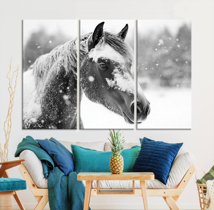 The Black Horse Winter Wall Art, framed and ready to hang, is beautifully displayed as farmhouse and western wall decor.