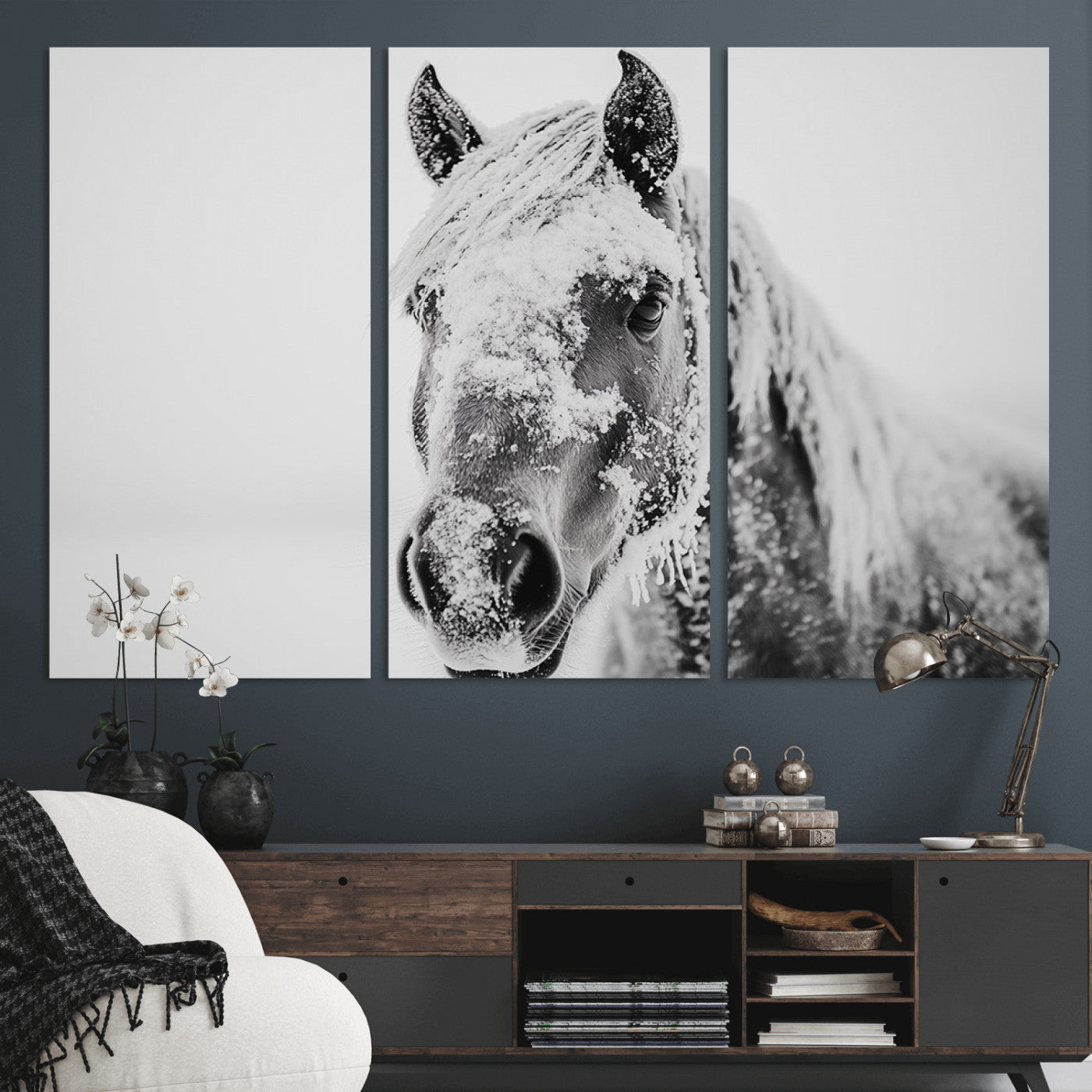 MGV-CV-48X32-3P - White Horse Wall Art | Ready to Hang and Framed | Winter Horse Wall Art Print for Farmhouse and