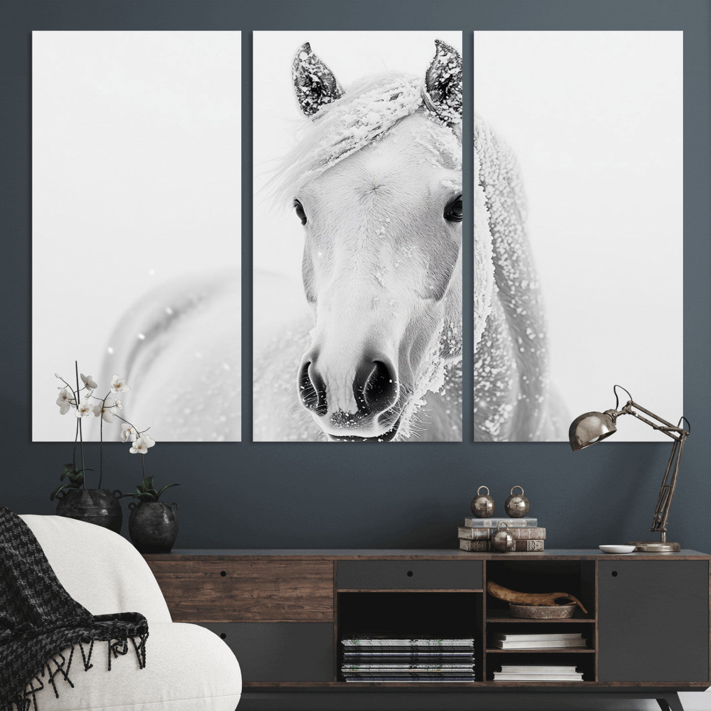 MGV-CV-48X32-3P - Majestic White Horse Wall Art | Ready to Hang and Framed | Farmhouse Wall Decor for Living Room