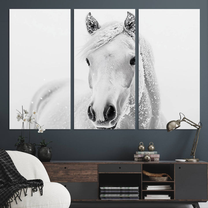 The dining room features the Majestic White Horse Wall Art, adding to its rustic charm.