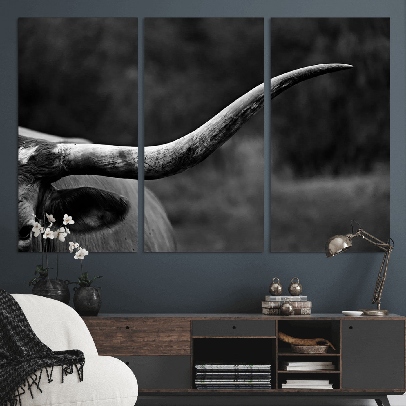 MGV-CV-48X32-3P - Cow Longhorn Wall Art | Black and White Print | Ready to Hang and Framed | Farmhouse Wall Decor |