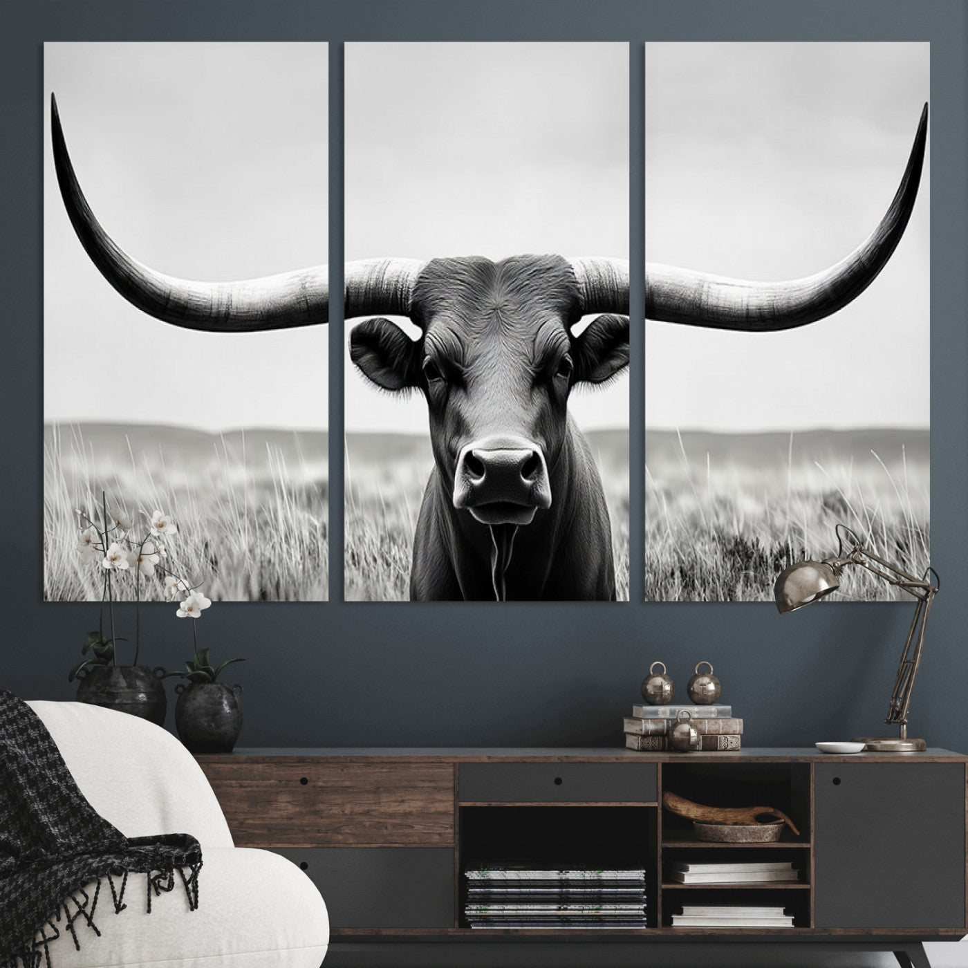 -Longhorn Bull Canvas Print | Rustic Farmhouse Wall Art | Western Decor | Ready to Hang and Framed