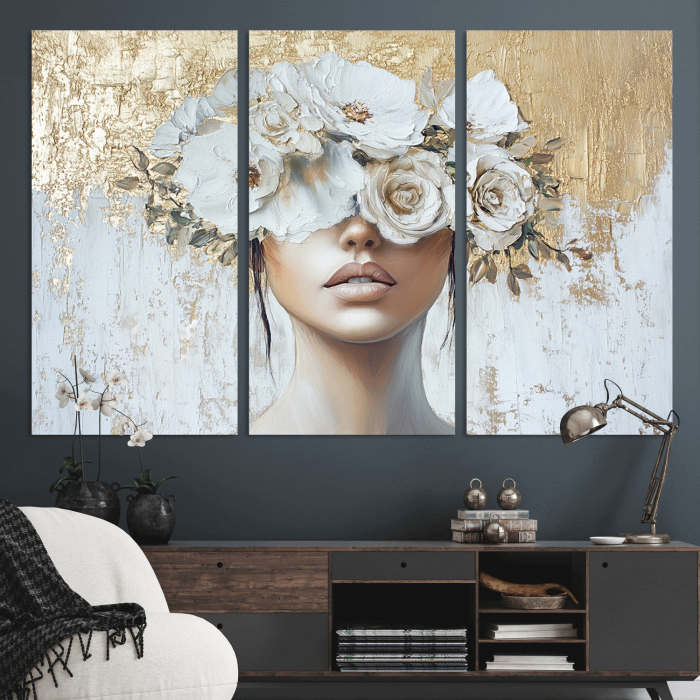 MGV-CV-48X32-3P - Golden Petal Wall Art - Canvas Print Flower Head Woman Painting Floral Woman Portrait Wall Decor,
