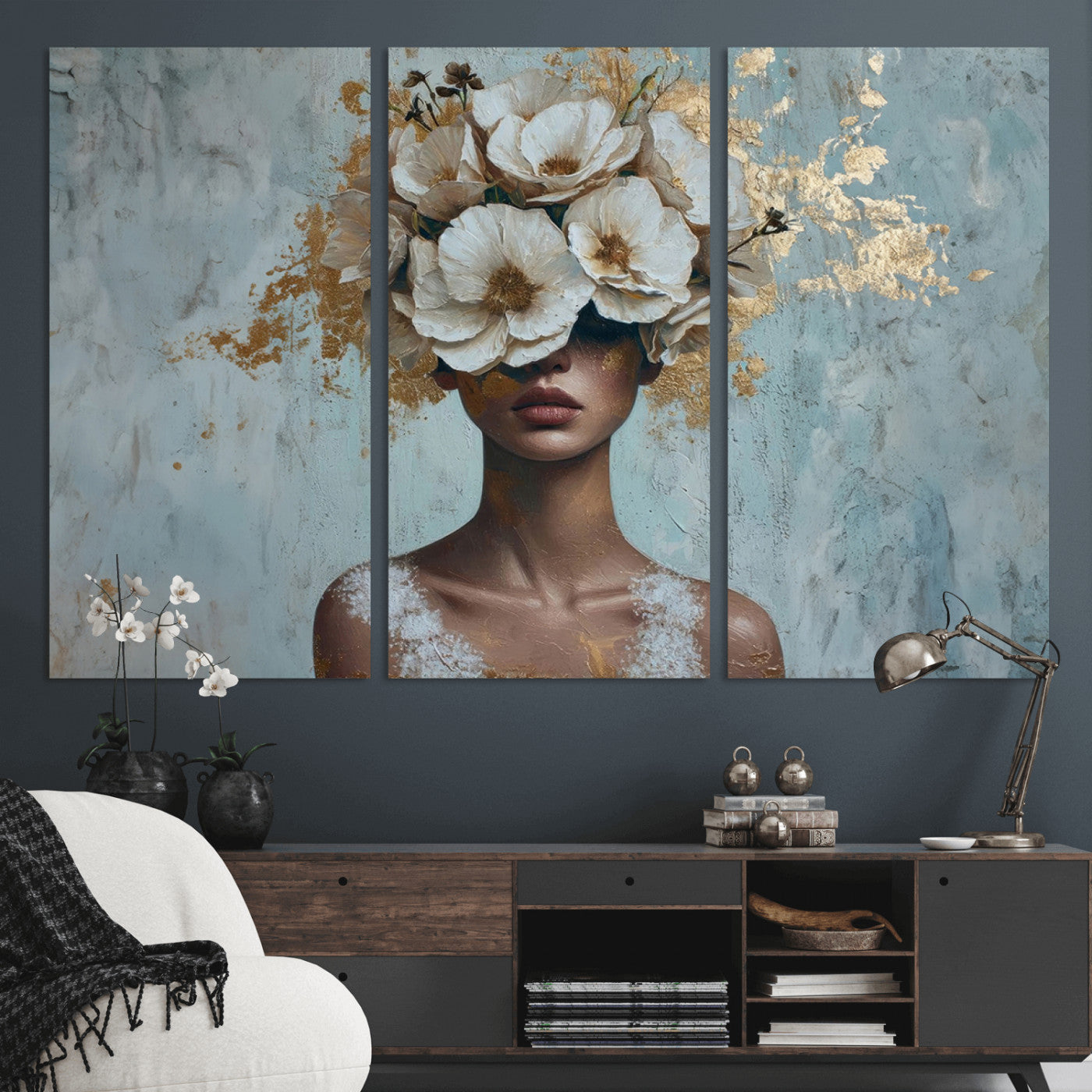 MGV-CV-48X32-3P - Golden Petal Wall Art - Petal Silhouette Woman Wall Art Canvas Print | Large 3-Panel Canvas with