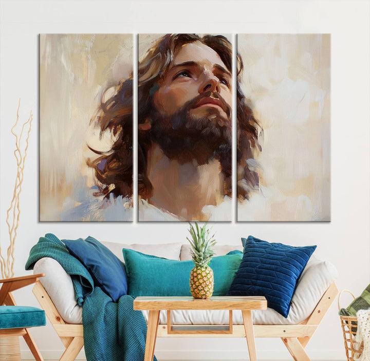 The "Jesus Christ Portrait Wall Art," a ready-to-hang and framed canvas print, features a bearded man with long hair looking upward, creating an inspirational spiritual atmosphere.