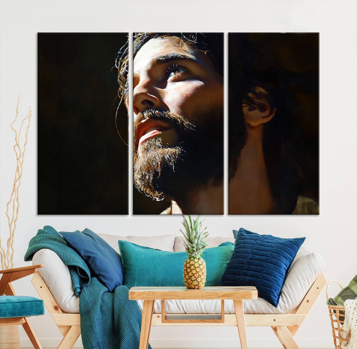 The Jesus Portrait Wall Art Canvas Print features a thoughtful depiction of Jesus Christ in an oil painting style, adding an inspirational religious touch to the decor.