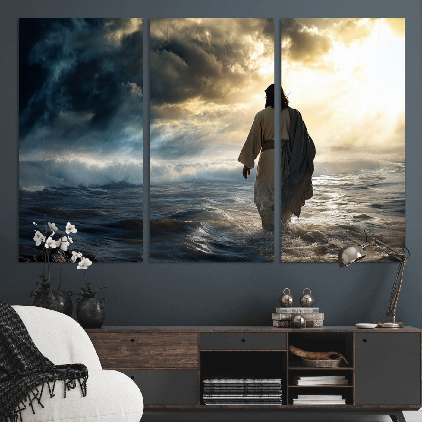 MGV-CV-48X32-3P - Jesus Walking on Water Wall Art | Canvas Print | Ready to Hang | Christian Home Decor | Spiritual