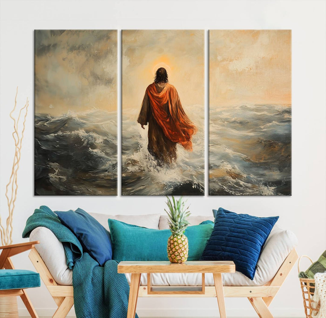 This triptych wall art, titled "Jesus Walking on Water," presents a figure in a red cloak crossing turbulent seas. It is perfect for those looking for religious home decor with a contemporary flair.