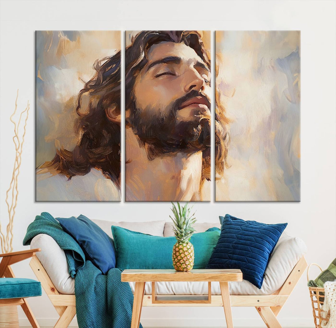 This museum-quality canvas print, titled "Jesus Portrait," features an oil painting style depiction of Jesus Christ with a closed-eyed expression. The high-resolution printing captures every detail beautifully.