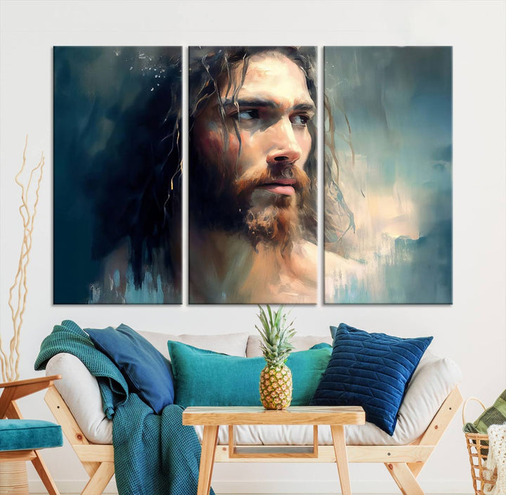 The Jesus Portrait Wall Art Canvas Print, featuring a depiction of a man with long hair and a beard, is showcased on a wooden wall. This Christian Wall Art is rendered on museum-quality canvas, highlighting the mastery of high-resolution printing in an oil painting style.