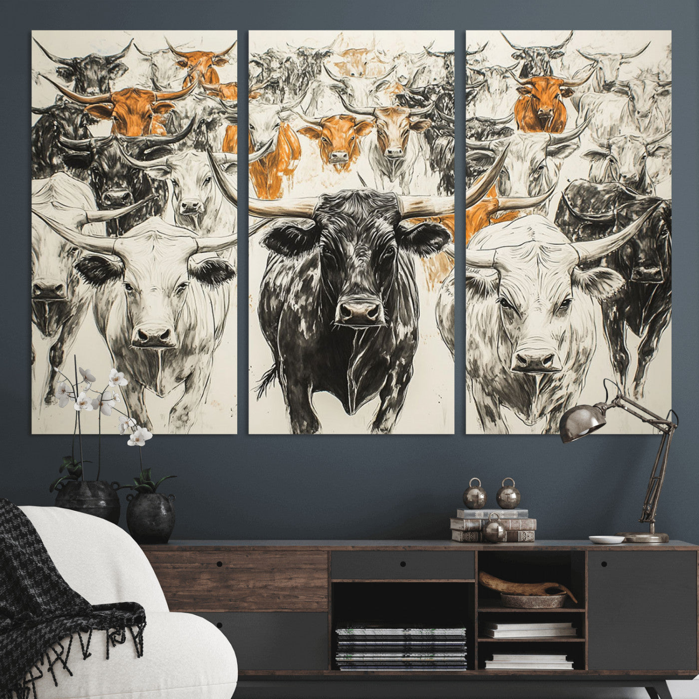 MGV-CV-48X32-3P - Farmhouse Wall Art | Western Longhorn Cattle Canvas Print | Ready to Hang and Framed Barn Decor
