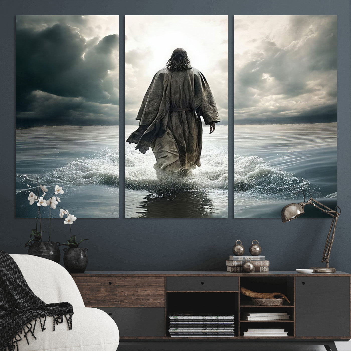 MGV-CV-48X32-3P - Jesus Walking on Water Wall Art | Canvas Print | Ready to Hang | Christian Home Decor | Spiritual